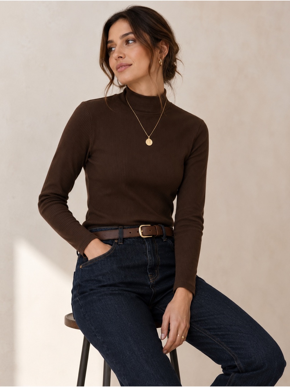 LizSport Chocolate Brown Ribbed Mock Neck Long Sleeve Top Size Small